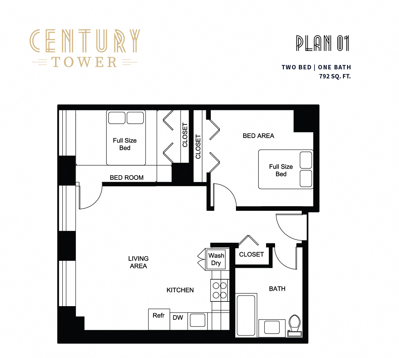 Floor plan for 2 beds, 1 bath, 792 sqft